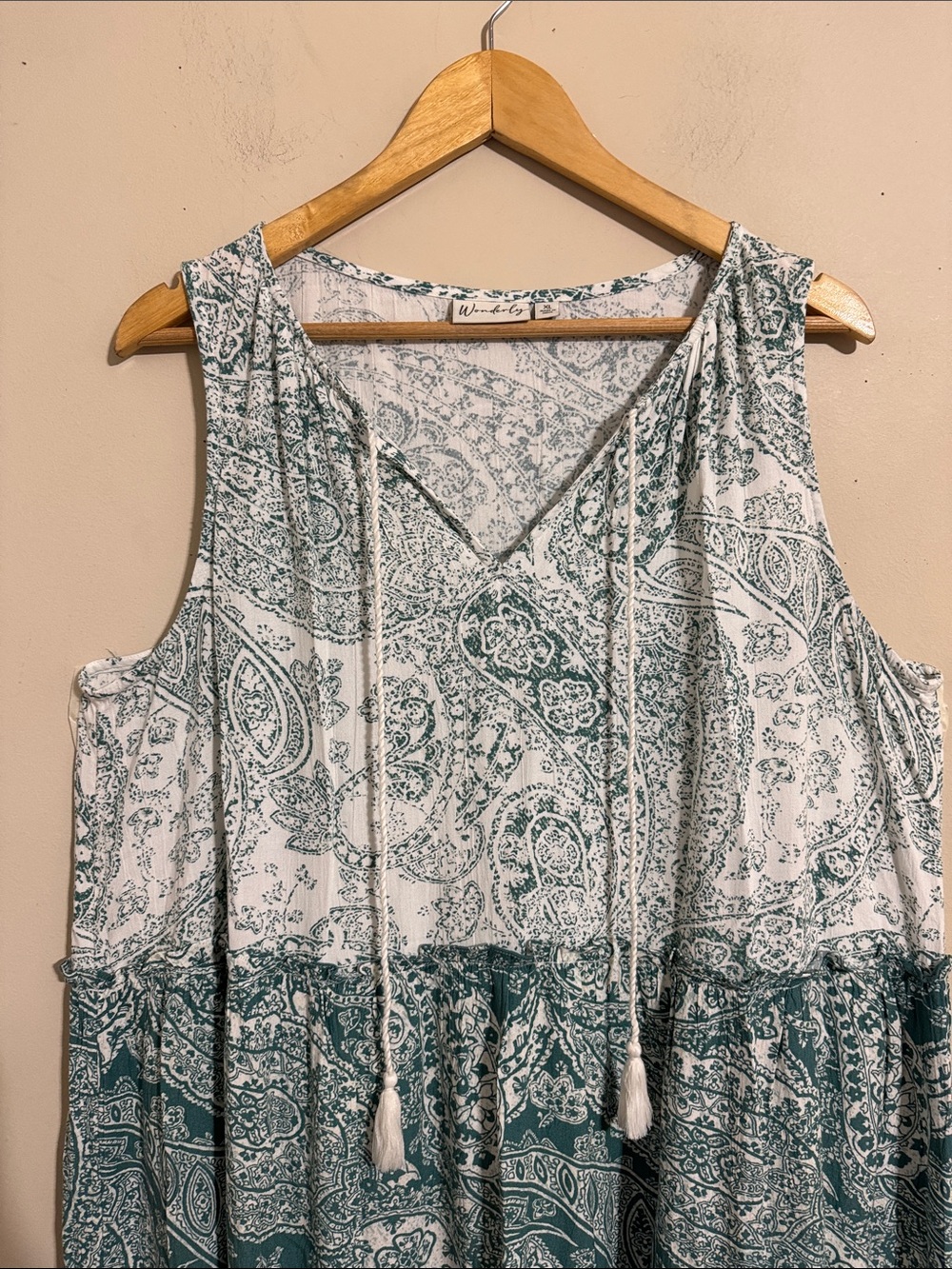 Wonderly Sleeveless Green Blue Paisley Tie-Front Maxi Dress size XL Cottagecore - Picture 3 of 12